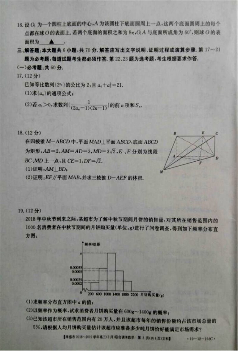 湖北省孝感市2019年2月份高三联合调考数学（理科）试卷及答案解析