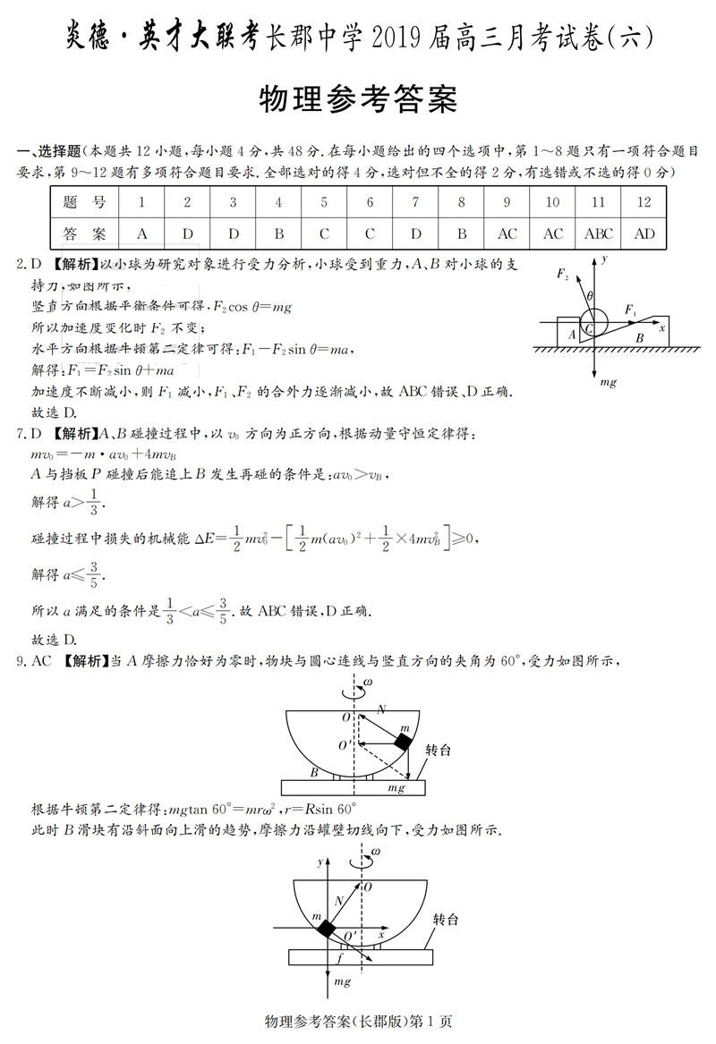 湖南省长沙市长郡中学2019年第六次月考高三物理试卷及参考答案