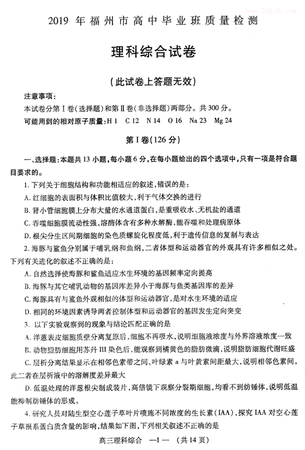 福州2月质检 福建省福州市2019年高三质量检测理综试卷及答案分析