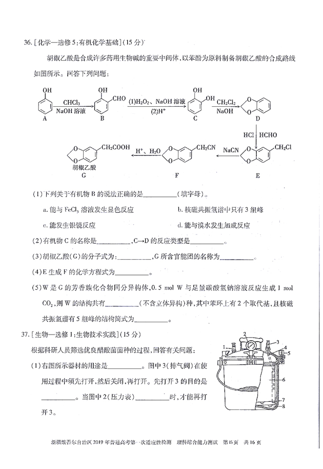 2019新疆一模 新疆维吾尔自治区3月高三质检理综试卷及答案