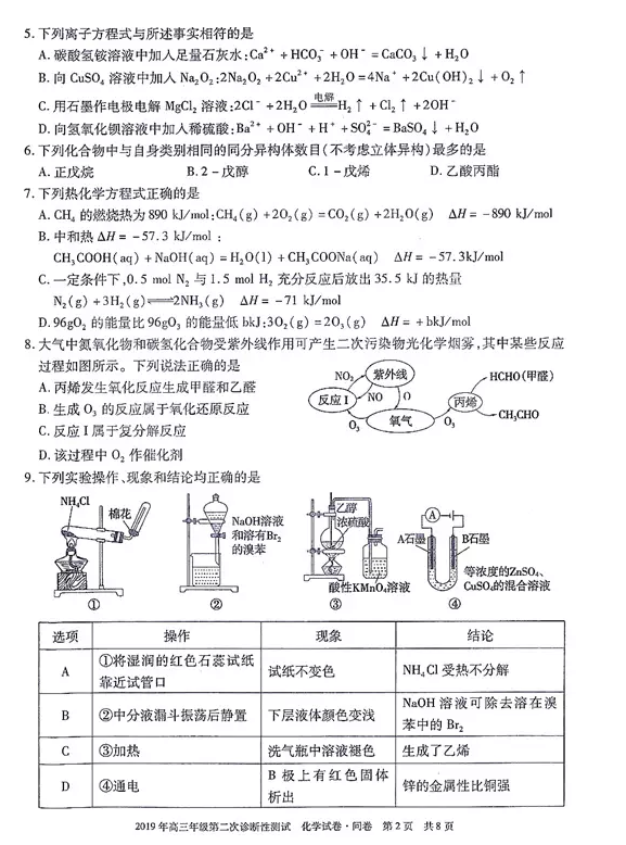 2019乌鲁木齐二诊 新疆乌鲁木齐高三3月第二次诊断测试化学试卷及答案