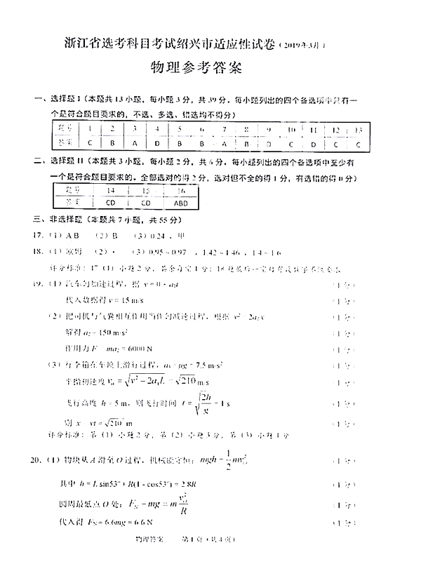 2019年3月省选考科目考试绍兴市适应性试卷物理参考答案公布