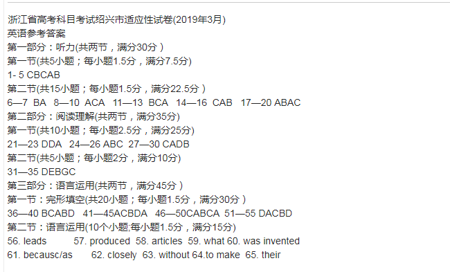 绍兴一模 省选考科目考试2019年3月适应性英语试卷及答案