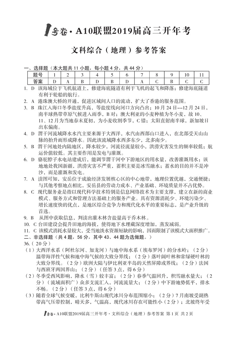 安徽省2019届A10联盟开年考试1号卷高三文科综合试卷及参考答案