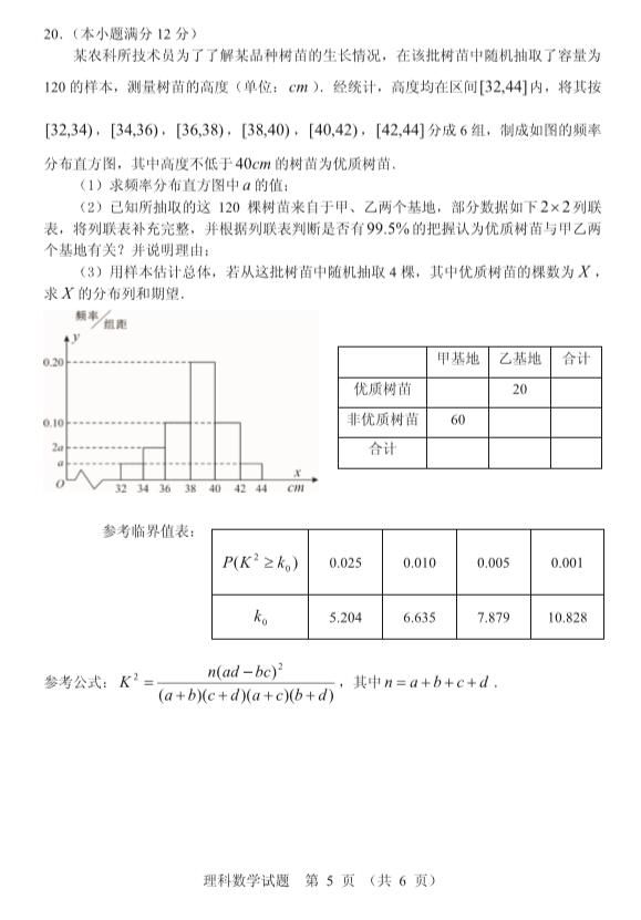 福建省南平市2019学年第一次质检考试高三理科数学试卷及答案
