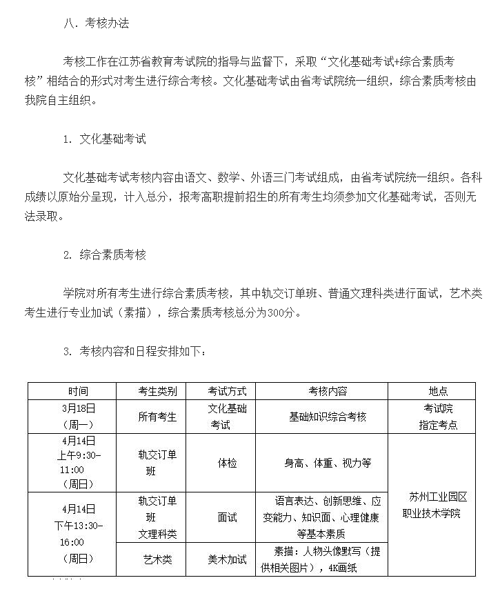 苏州工业园区职业学院2019年提前招生简章发布，4月14日综合素质考试