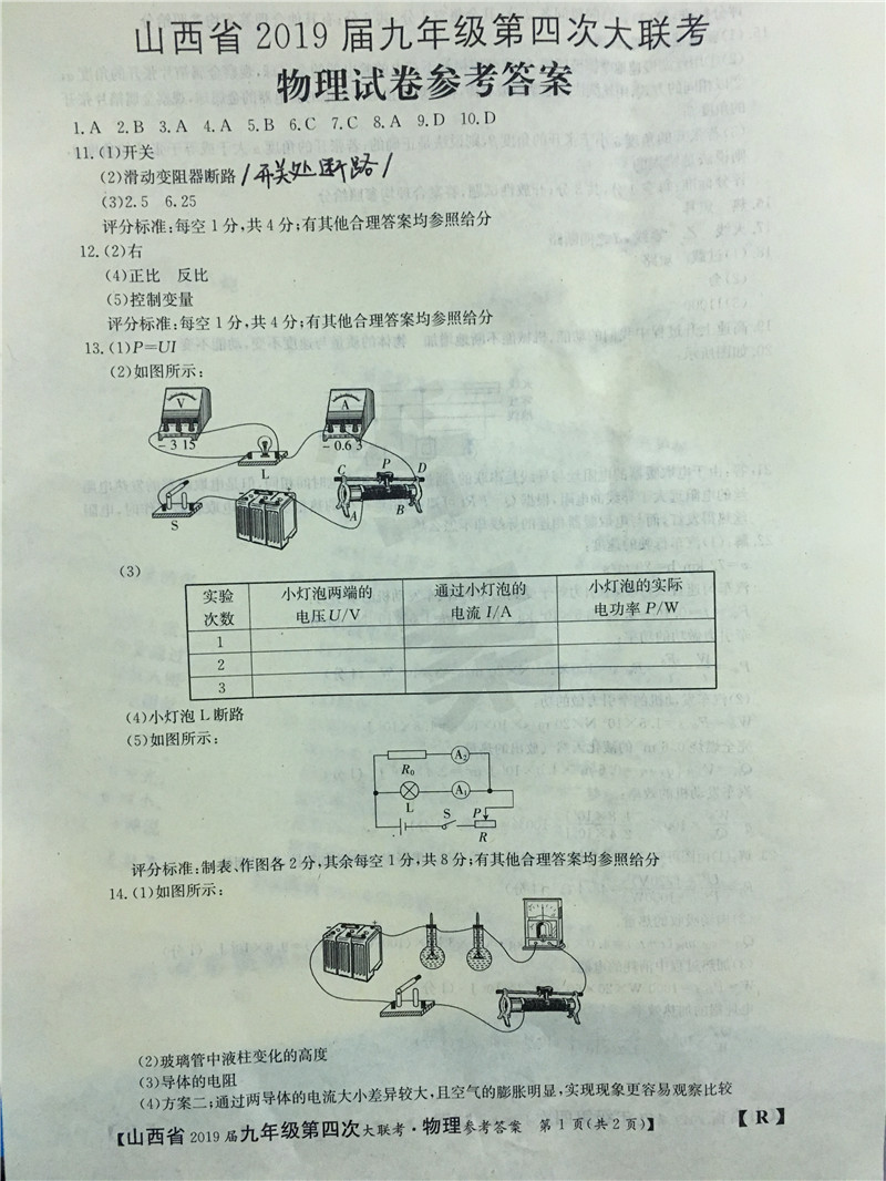 山西初中联考，山西省2019年第四次联考九年级物理（13-19章）试卷及答案