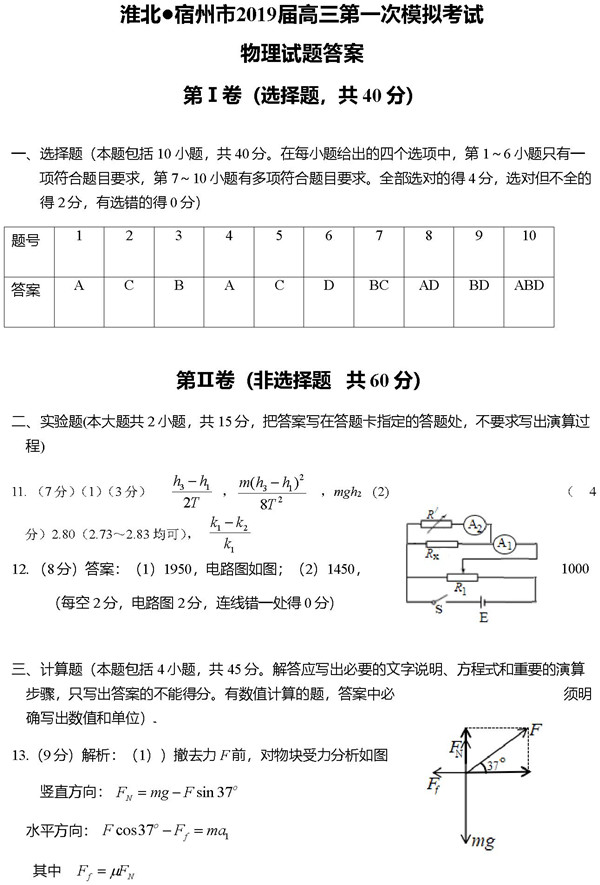 安徽一模，安徽淮北宿州市2019年高三一模考试物理试卷及答案