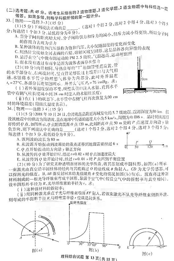 2019年安徽江南十校综合素质检测高三理综试卷及参考答案分享