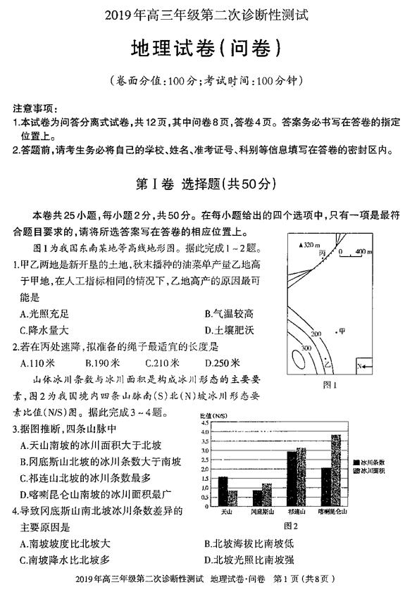 新疆乌鲁木齐2019届第二次模拟诊断考试高三地理试卷及答案分享