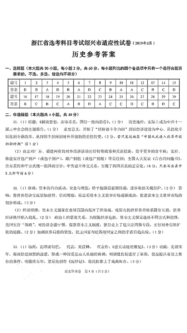 省绍兴市2019年高三选考适应性考试历史试卷及答案