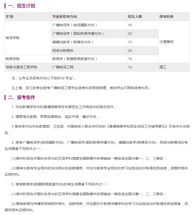 中国传媒大学自主招生报名时间是什么时候？都有哪些招生？