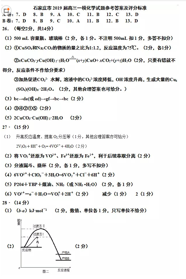 石家庄一模 石家庄市2019年4月高三一模理综试卷参考答案