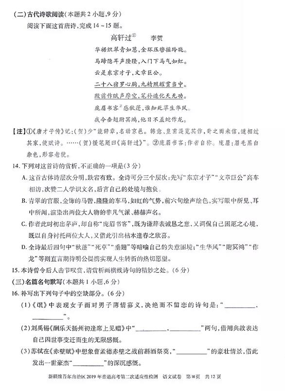 新疆二模 2019年新疆维吾尔自治区高考第二次适应性检测语文试卷及答案