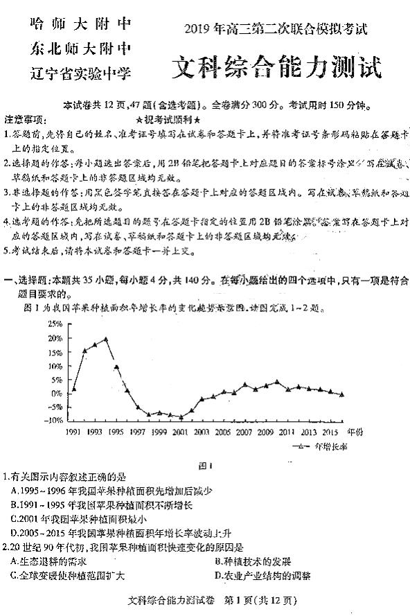 东北三省三校模考 东北三省三校2019高三二模文综试卷及答案