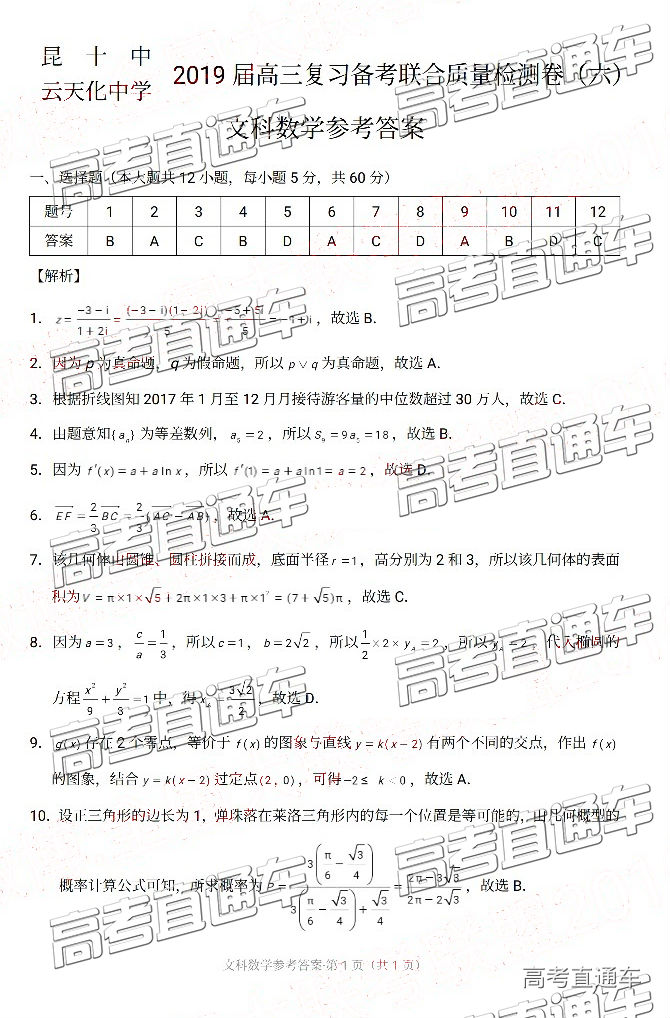 昆十中云天化中学2019届高三4月联合质检六文科数学试题及答案