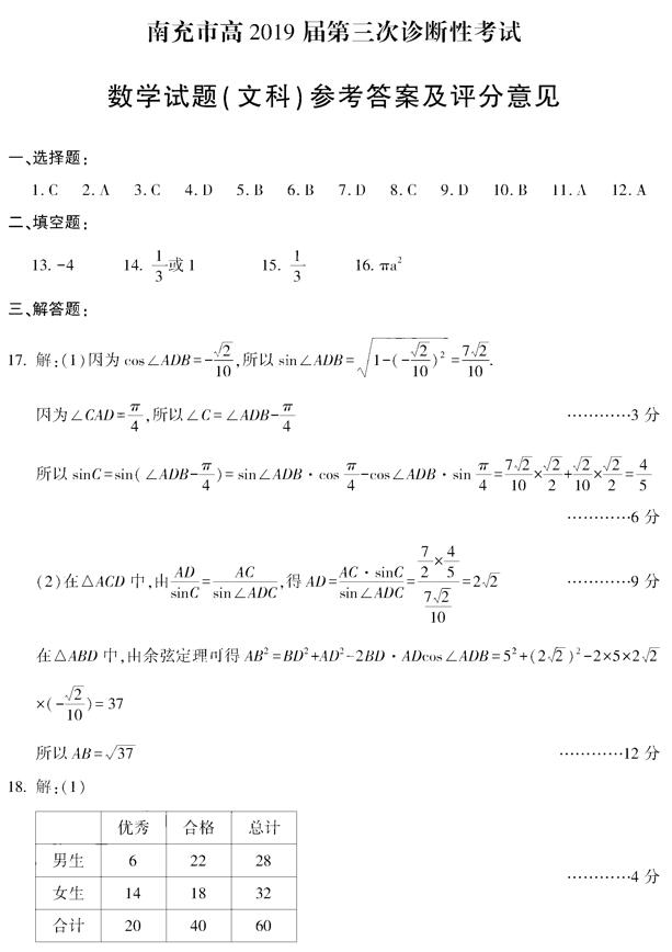 四川省南充市2019届高三第三次诊断考试文科数学试卷答案共享