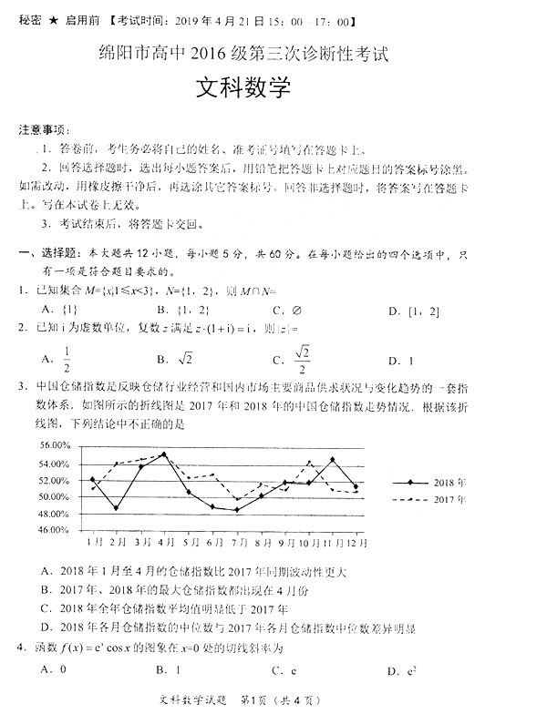 绵阳三诊，四川省绵阳市2019年高三4月第三次诊断测试文科数学试卷和答案