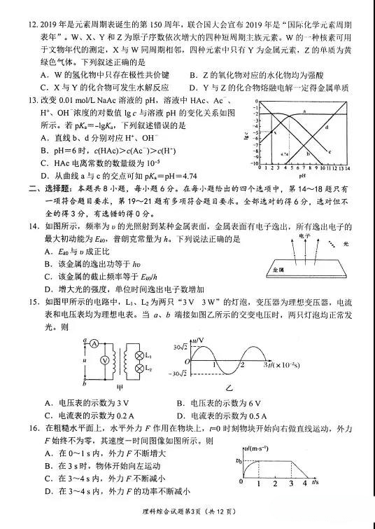 绵阳三诊，四川省绵阳市2019届高三第三次诊断性测试理综试卷及答案