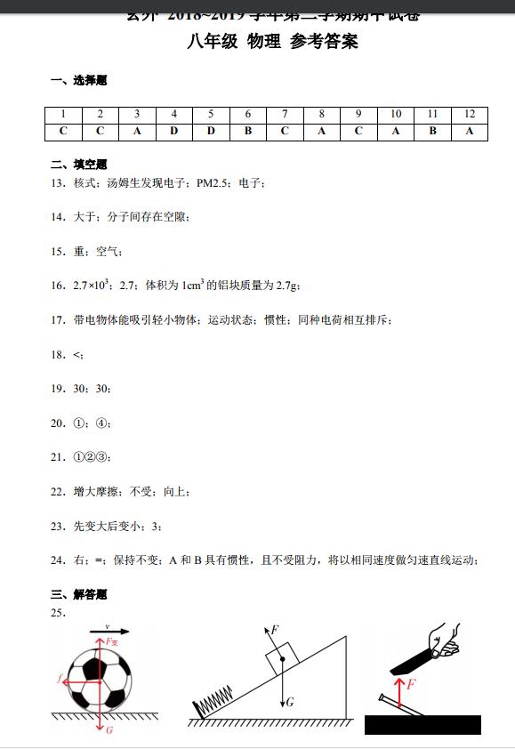 玄武区玄外、科十三利华初二2019年下学期期中考试物理试卷及答案