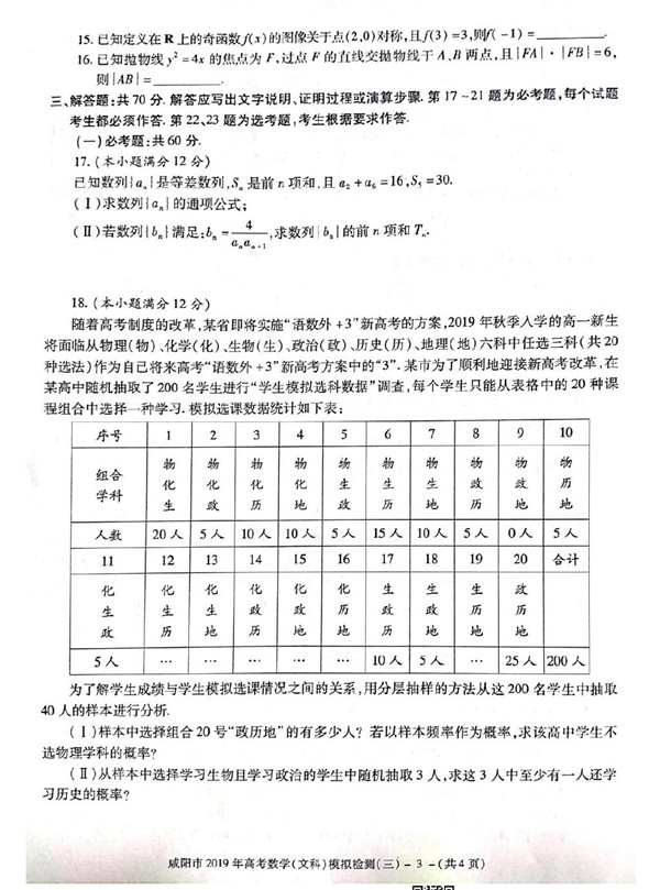 咸阳三模，2019年陕西咸阳高三第三次模拟考试文科数学试卷