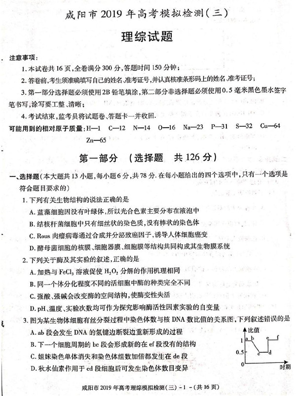 咸阳三模，陕西省咸阳市高三2019年第三次模拟检测理综试卷原题