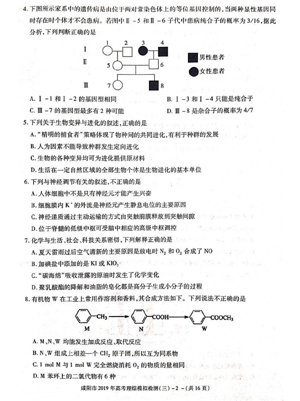 咸阳三模，陕西省咸阳市高三2019年第三次模拟检测理综试卷原题