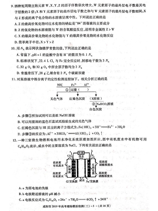 咸阳三模，陕西省咸阳市高三2019年第三次模拟检测理综试卷原题