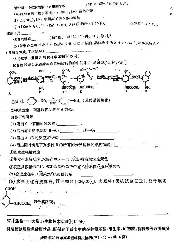 咸阳三模，陕西省咸阳市高三2019年第三次模拟检测理综试卷原题