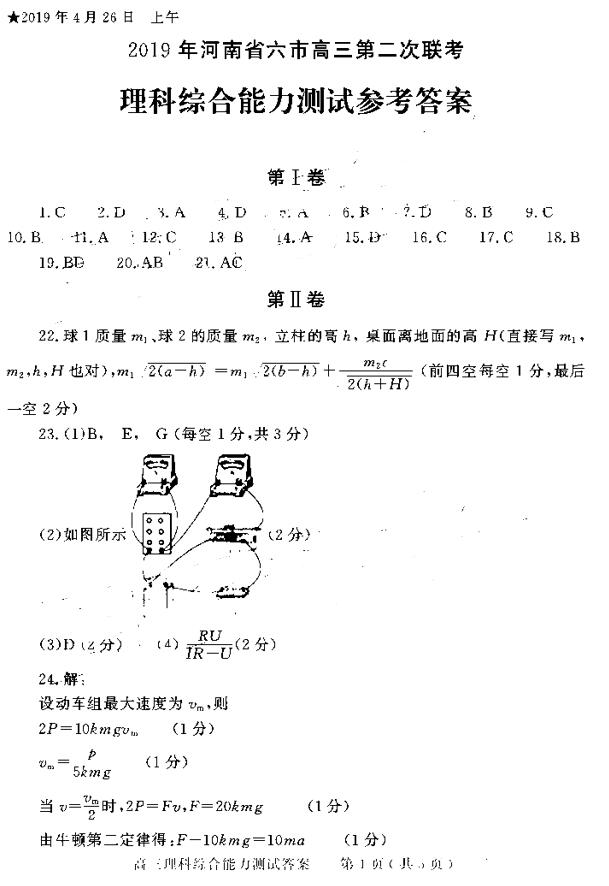 陕西六市联考，陕西省六市2019年高三第二次联考理综试题答案分享