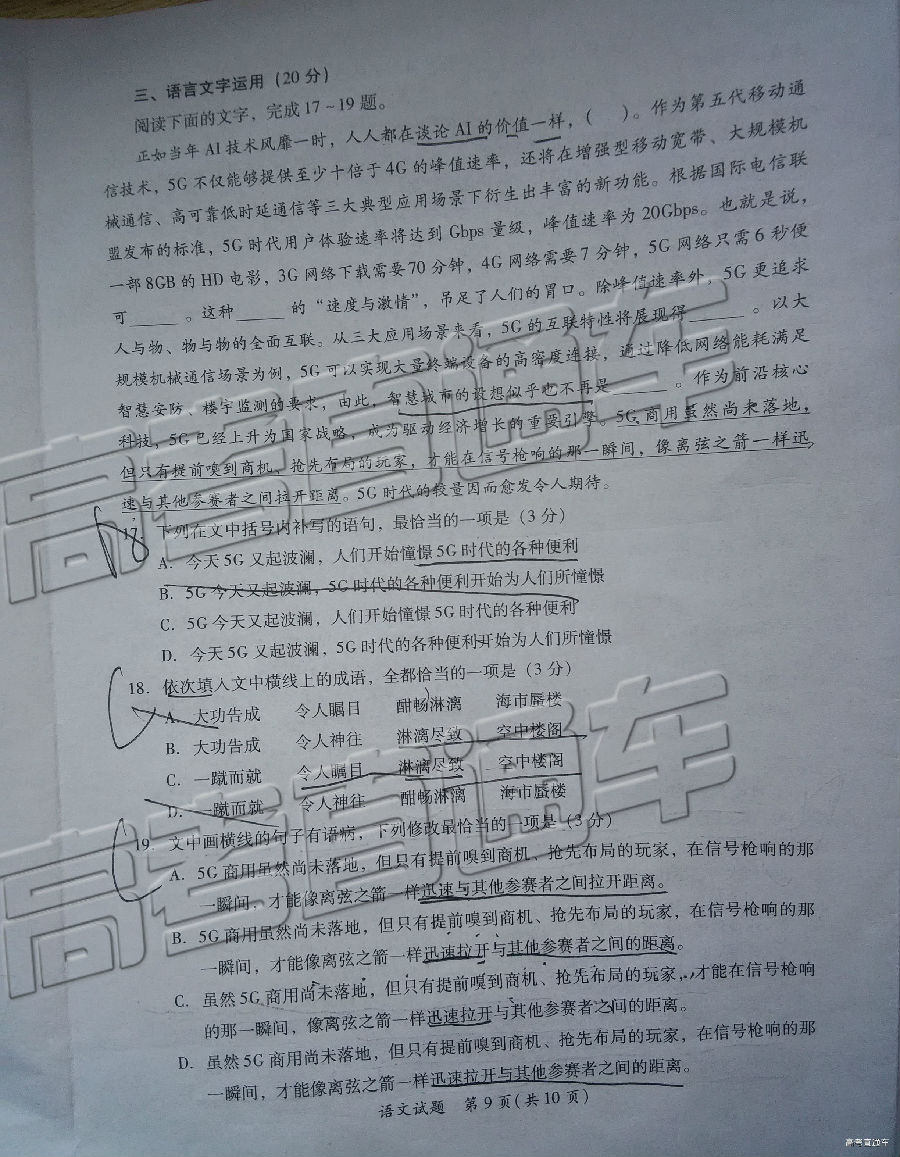 厦门二检，厦门市2019年高中毕业班第二次质量检测语文试卷及答案
