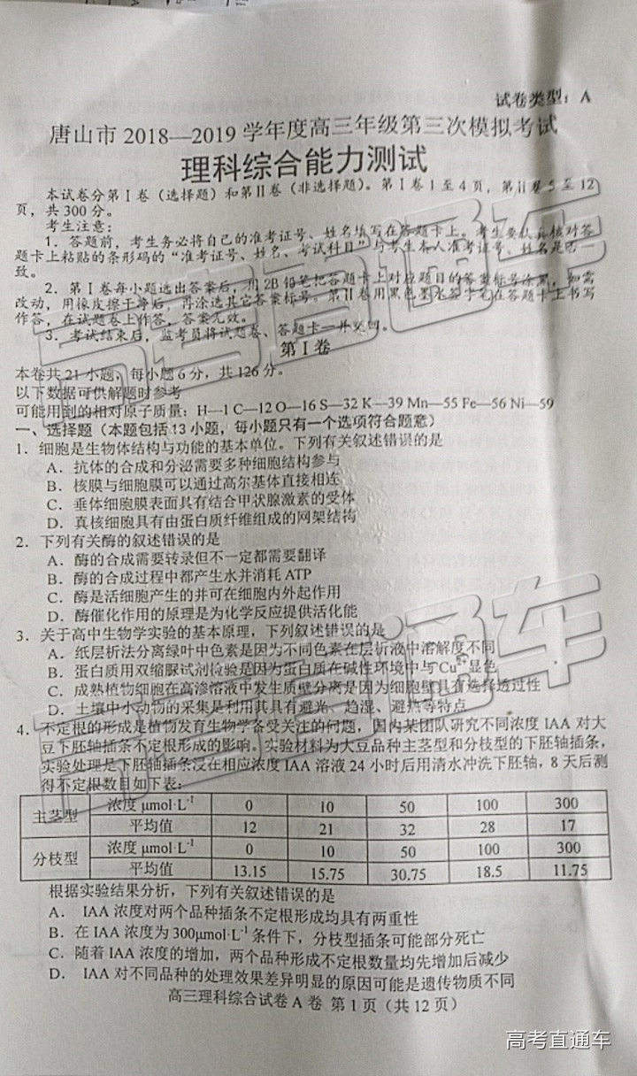 唐山三模，河北唐山2018-2019年下高三第三次模拟考理综试题分享