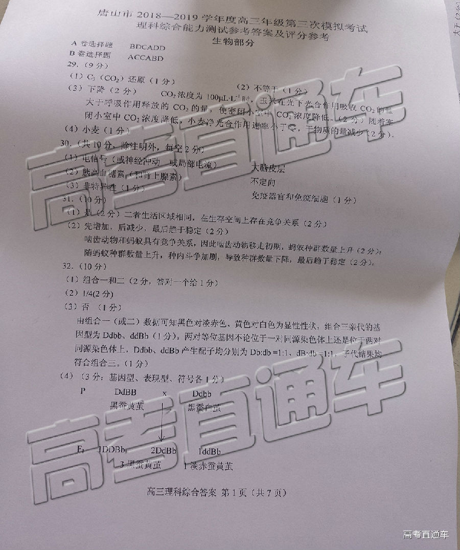 唐山三模，河北唐山2018-2019年下高三第三次模拟考理综试题分享