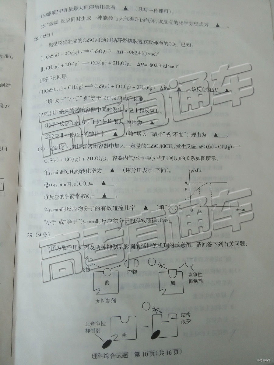 山西学校联考，2019年山西省5月23日学校联考理综试卷高清版