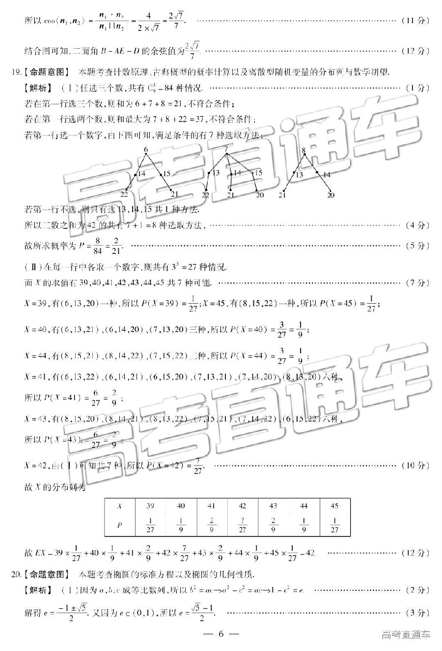 天一大联考，2019年天一大联考高中毕业班阶段测试六理科数学试卷及答案