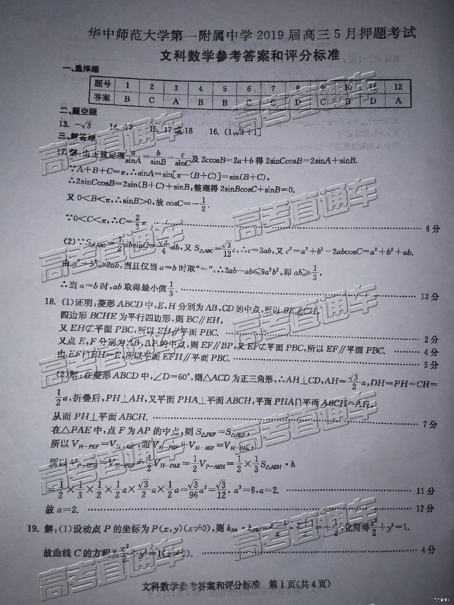 华大培训卷，华中师范大学第一附属中学2019届高三5月培训考试文科数学