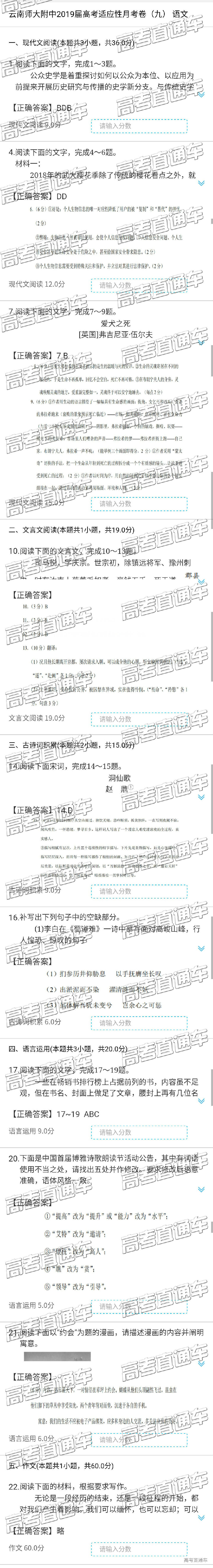 云师大附中（西南学校联盟）2019年5月高三第九次月考语文试卷及答案