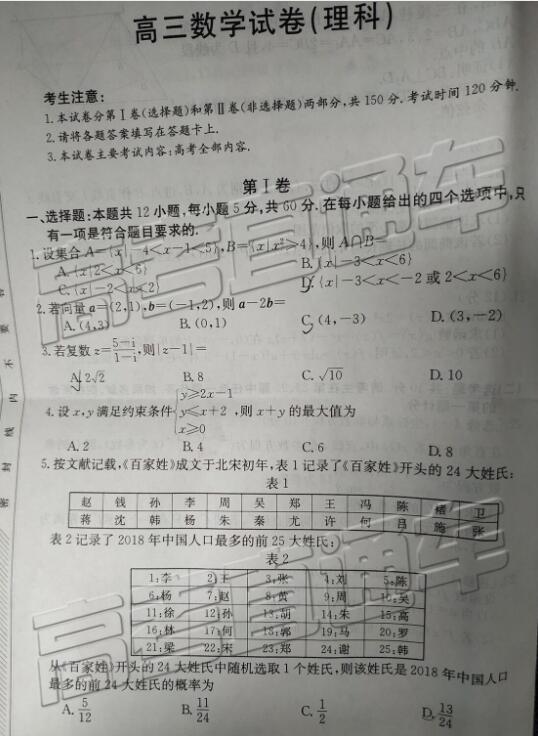 2019年5月甘青宁联考理科数学试题