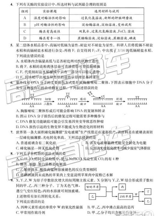  2019年成都三诊理科综合试题和参考答案