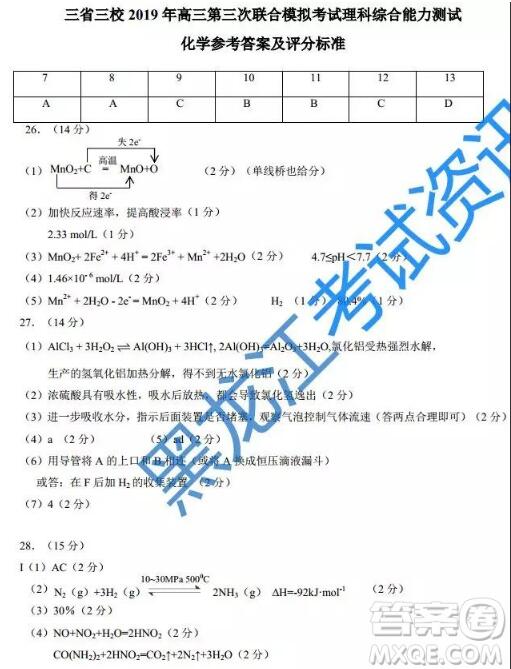  2019年哈师大附中三模理科综合试题和参考答案