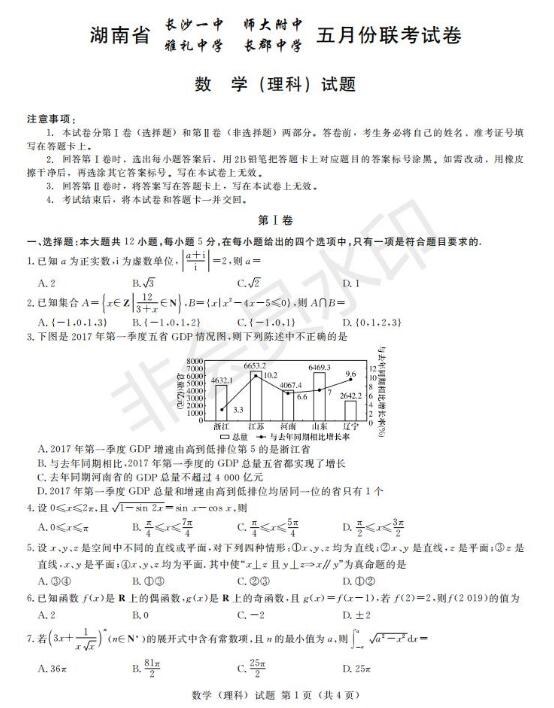 2019长沙一中 师大附中 雅礼中学 长郡中学五月联考理数试卷答案，供参考！