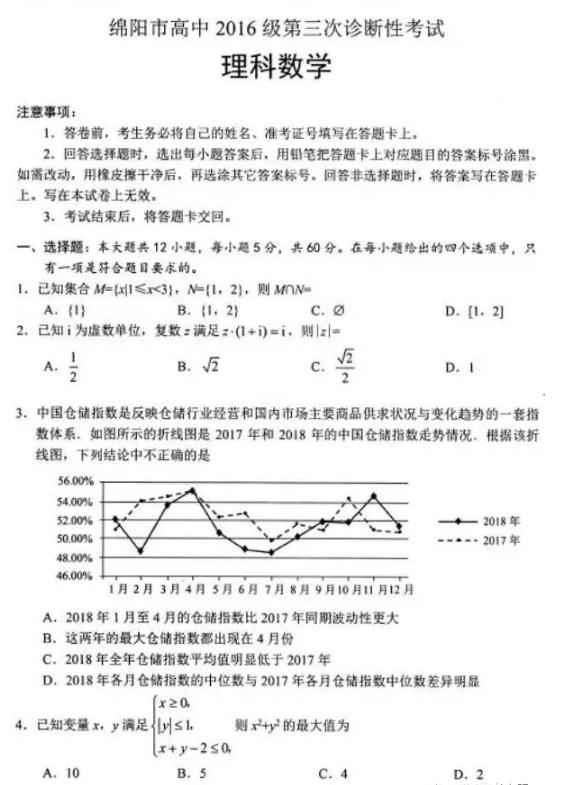 绵阳市高中2016级第三次诊断性考试理科数学试题及参考答案分享！