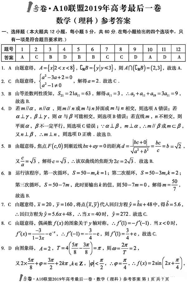 2019安徽1号卷·A10联盟高考较后一卷理科数学试题与答案公布!