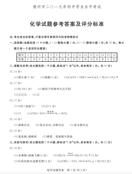 山东德州中考，2019年山东省德州初中学业水平学考试化学参考答案