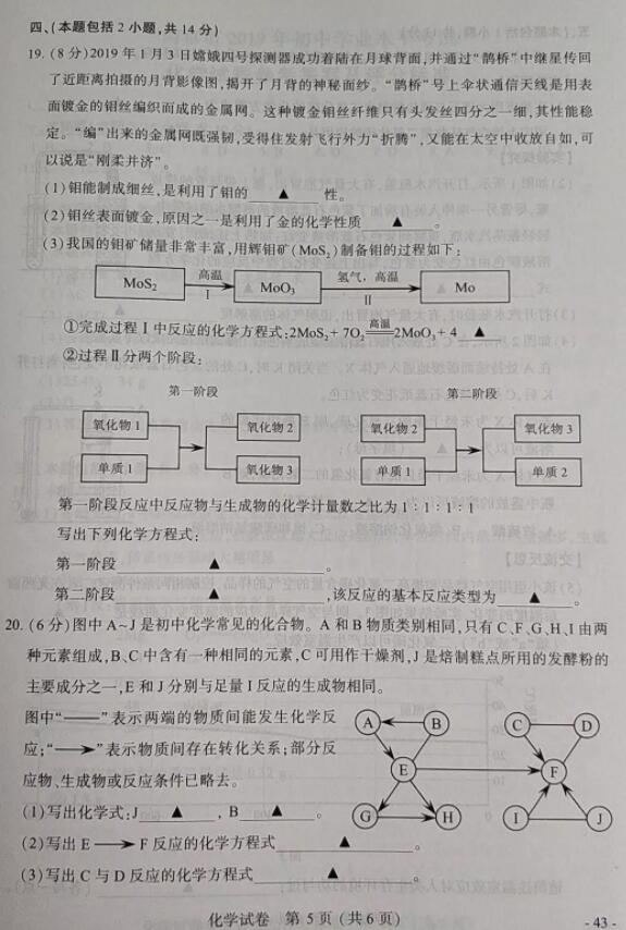 中考，2019年是初中学业水平考试化学试题及参考答案