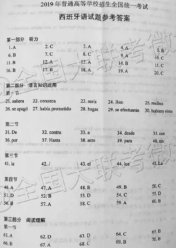 2019年高考一卷西班牙语参考答案，附志愿填报注意事项！