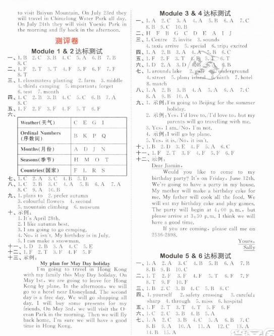 教科版广州专用：2019新版小学53天天练五年级下册英语参考答案，供参考！