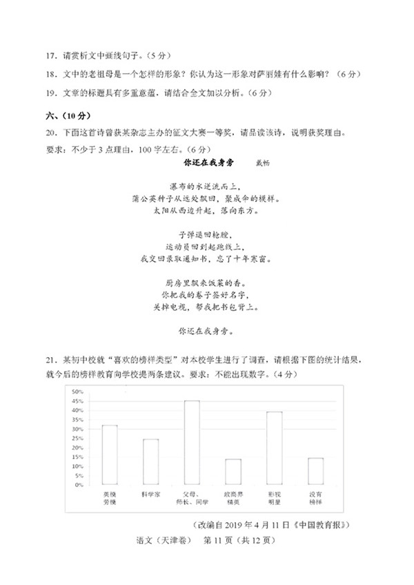 2019年天津市高考语文试题公布，试题答案揭晓!