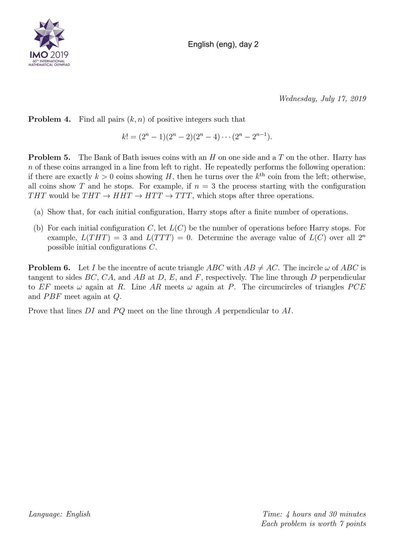 2019年第60届国际数学奥林匹克（IMO 2019）试题中英文对照版出炉