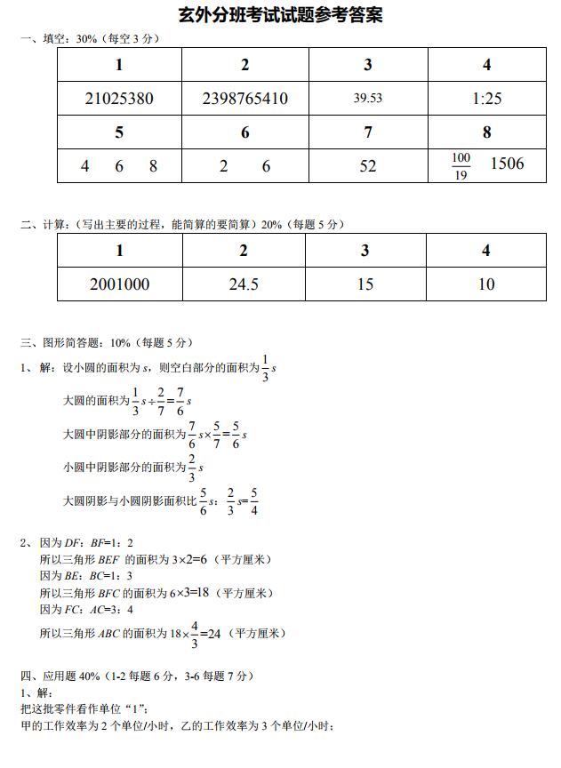 2019年省市玄武外国语初一新生考试试数学试卷及参考答案